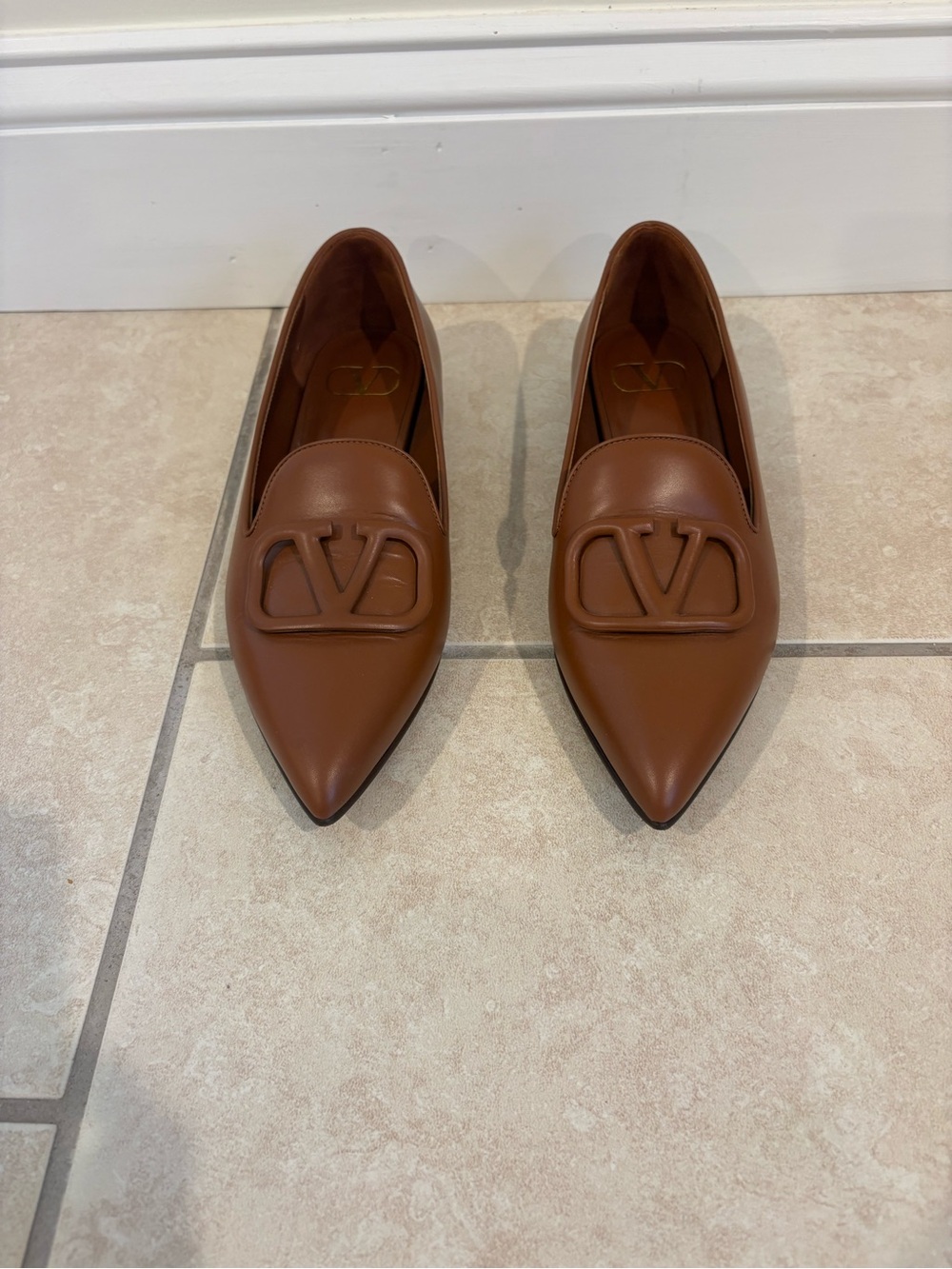 Valentino Tan Pointed-Toe Leather Loafers with V Logo